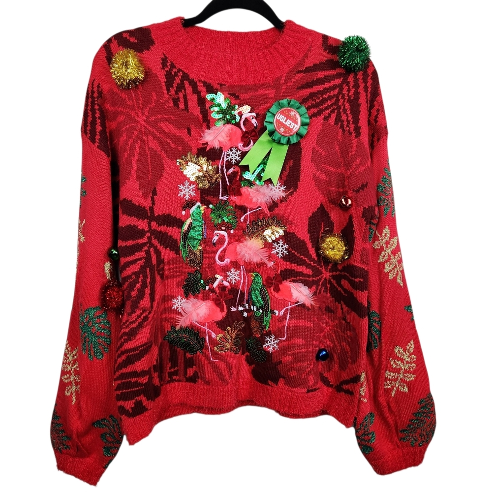 33 Degrees Ugly Christmas Sweater Flamingos Bells Award Winning Womens Size M